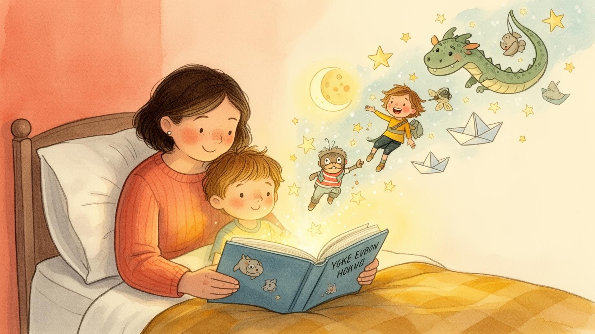 A parent reading a glowing storybook with their child at bedtime
